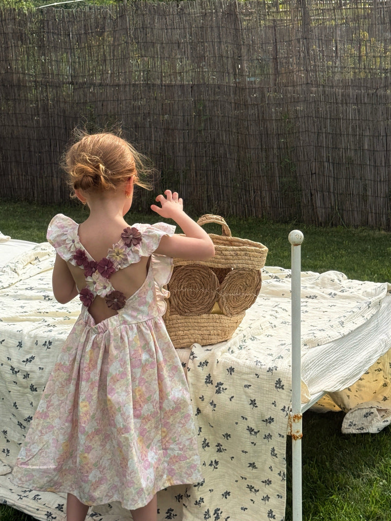 Flower Embellished Backless Frill Dress フローラル 肩フリル ノースリーブワンピース【mh0012813】