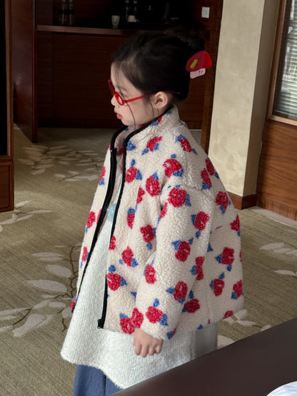 ボアジャケット キッズ フラワープリント 厚手 スタンドカラー カジュアル ジップアウター【mh0011686】