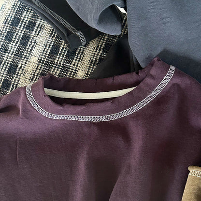 キッズ用長袖Tシャツ パープル、丸首リブとステッチの縁取り