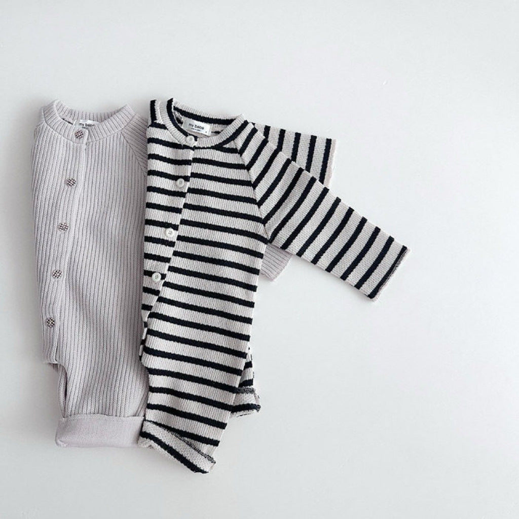 Body de bebé de punto canalé a rayas con botones frontales y manga larga【mh0014649】