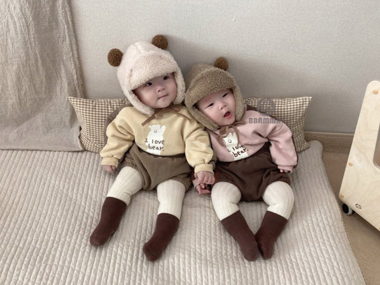 Bear Fleece Sweatshirt & Shorts Set クマ プリント 裏起毛 セットアップ【mh0012681】