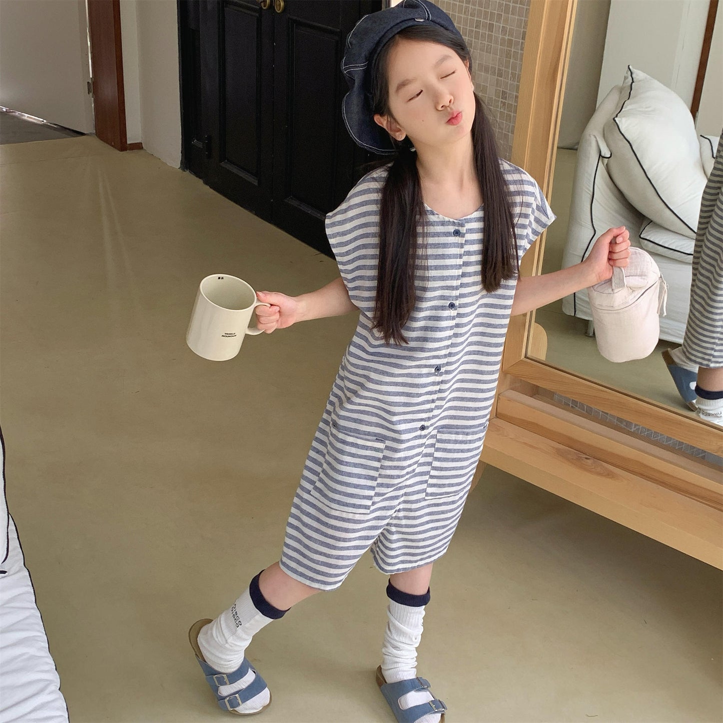 Striped Sleeveless All-in-one ボーダー ノースリーブジャンプスーツ【mh0013219】
