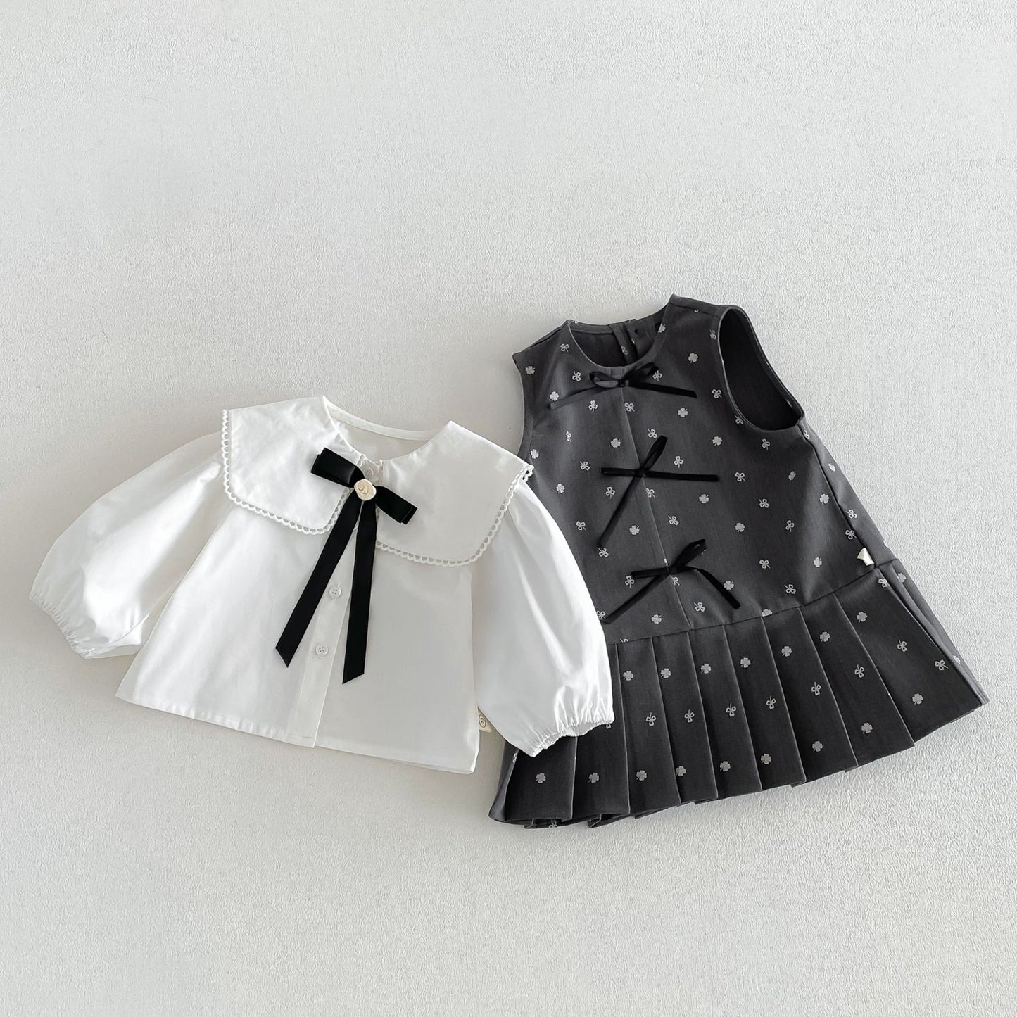 Camisa de manga larga con cuello grande y lazo, y pichi para niños [mh0014034]