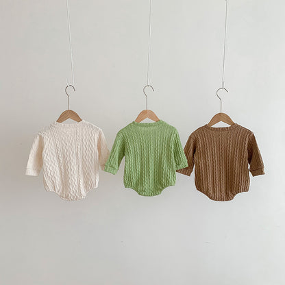 ベビー キッズ くまモチーフ ワッペン ケーブルニット 長袖ロンパース【mh0000949】