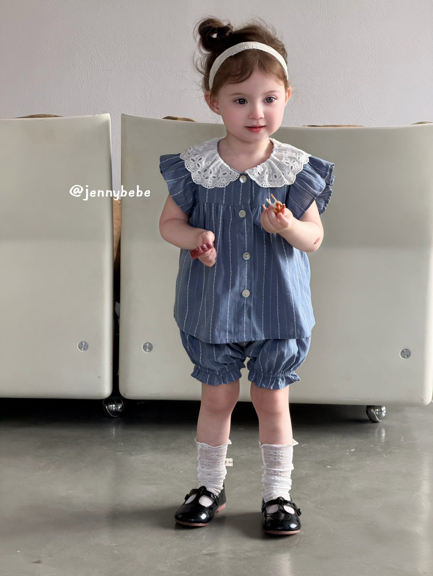 Lace Collar Stripe Cotton Set