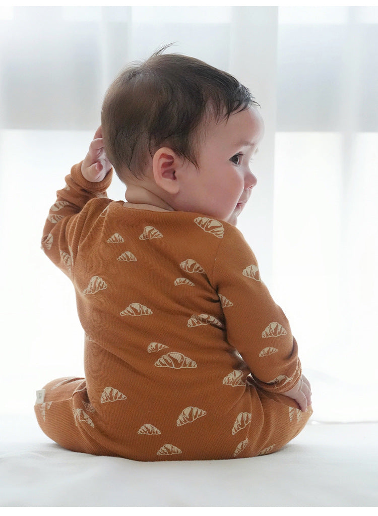 長袖ジャンプスーツ ジップアップ ブレッド クロワッサン 鳥 バード プリント カバーオール【mh0011730】