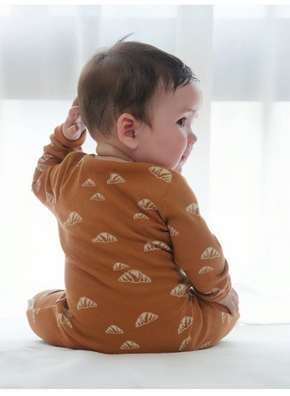 長袖ジャンプスーツ ジップアップ ブレッド クロワッサン 鳥 バード プリント カバーオール【mh0011730】