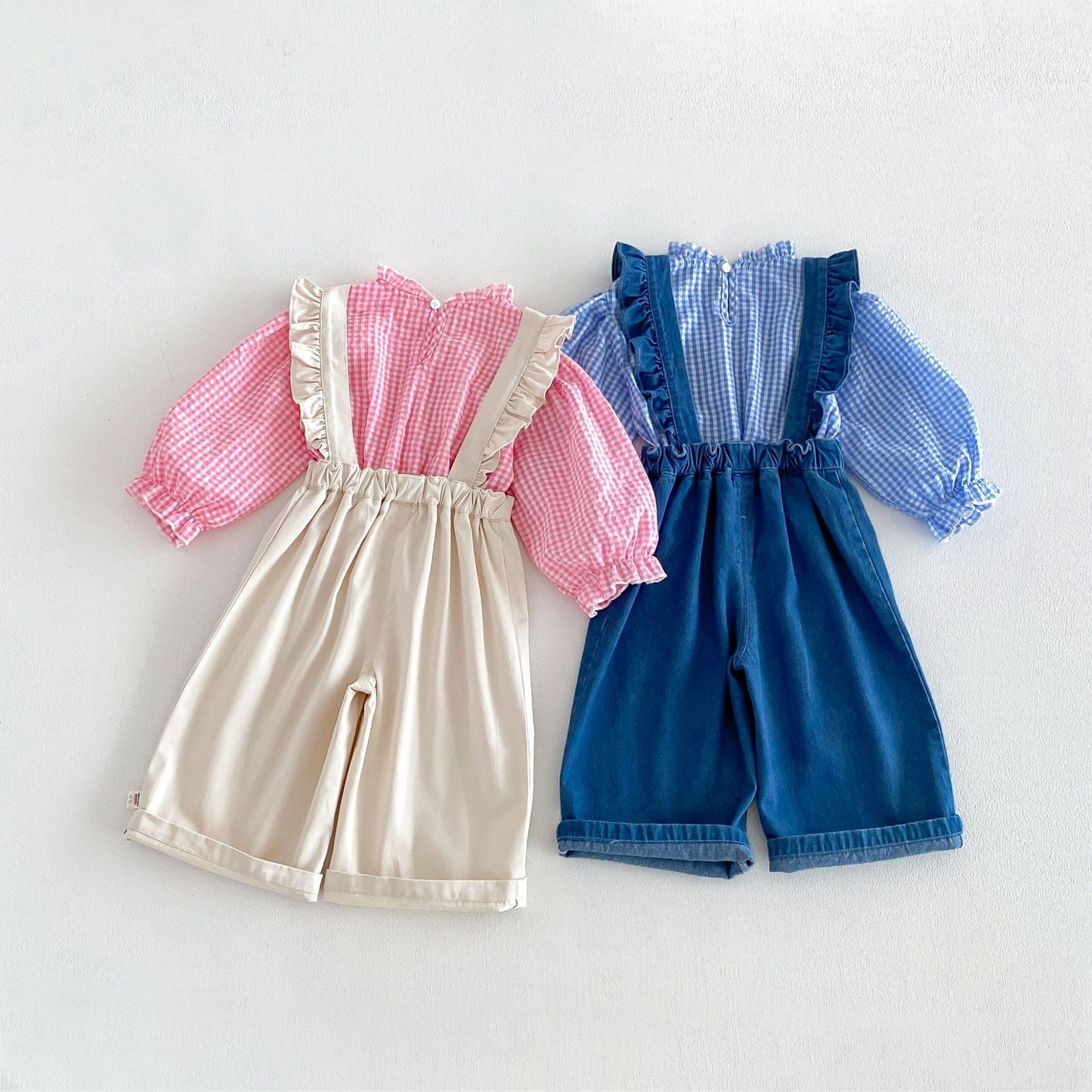 Blusa de manga larga con estampado de cuadros vichy para niños, con bordado floral y peto con pantalón [mh0014043]
