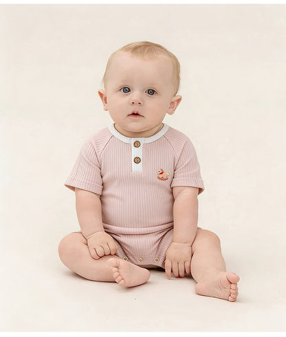 Henley Neckline Short Sleeve Modal Romper ワンポイント 刺繍 半袖ロンパース【mh0012781】