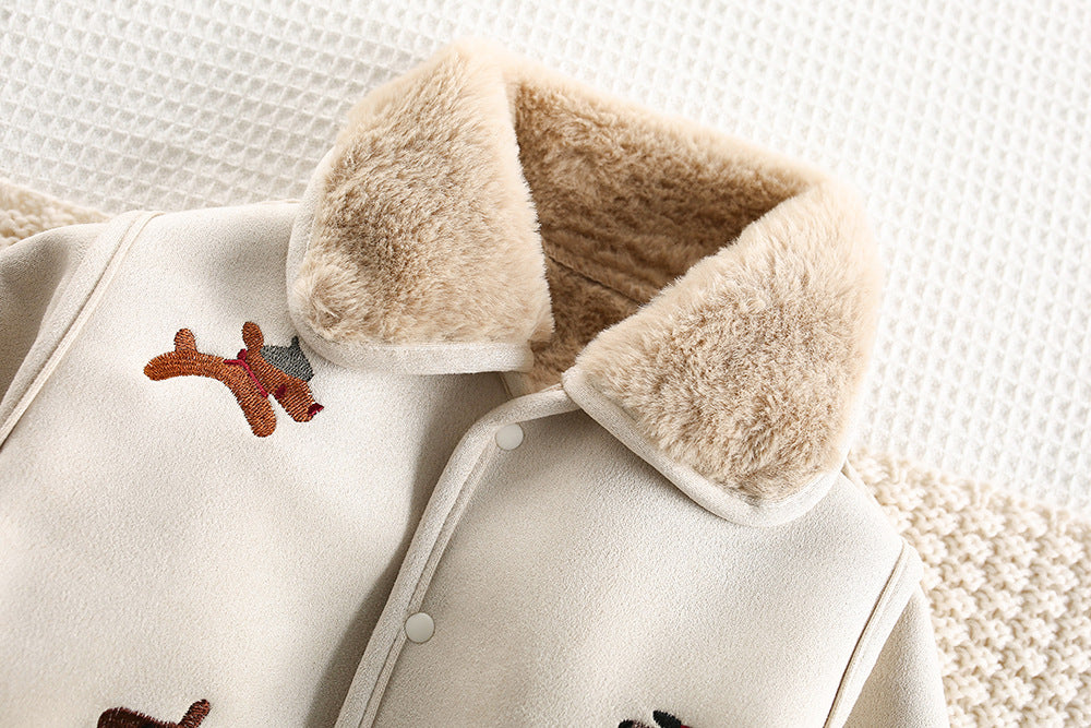 アウタージャンプスーツ 犬刺繍 ボア襟 フェイクムートン カバーオール【mh0011694】