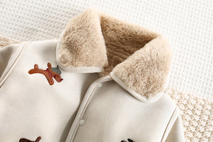 アウタージャンプスーツ 犬刺繍 ボア襟 フェイクムートン カバーオール【mh0011694】