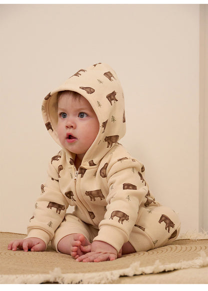 長袖ジップアップジャンプスーツ フーディロンパース ベアくまプリント【mh0011721】