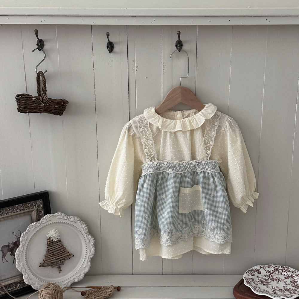 Vestido de manga larga para bebé y niña con cuello con volantes, jacquard, estampado de cuadros vichy y vestido tipo camisola con encaje 【mh0014482】