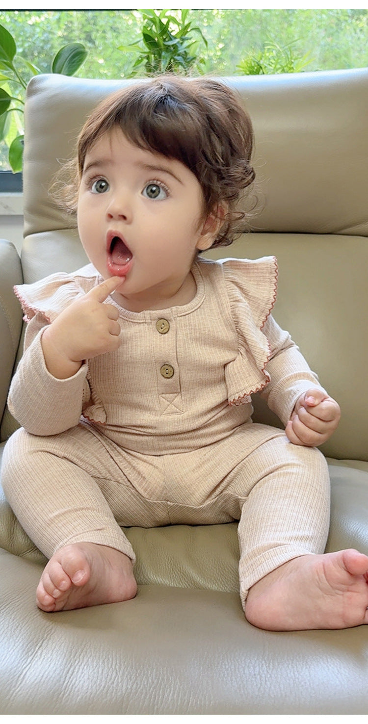 長袖ロンパース/パンツ ショルダーフリル 無地 ベーシック ボディスーツ【mh0011729】