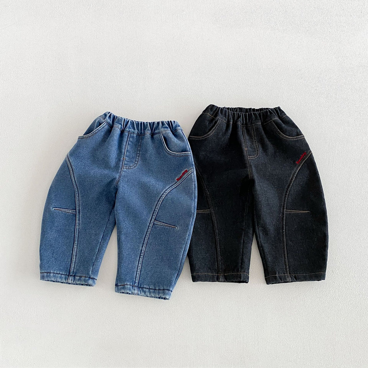 キッズ ステッチ切替 刺繍 デニム 裏起毛 カーブ ロングパンツ【mh0014764】
