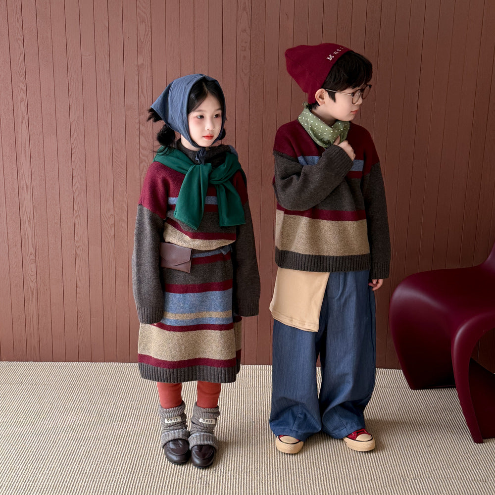 ニットワンピース/セーター キッズ ボーダー柄 厚手 ルーズフィット 兄弟姉妹 お揃い【mh0011676】
