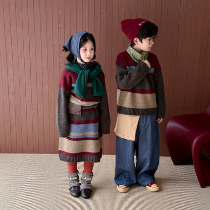 ニットワンピース/セーター キッズ ボーダー柄 厚手 ルーズフィット 兄弟姉妹 お揃い【mh0011676】
