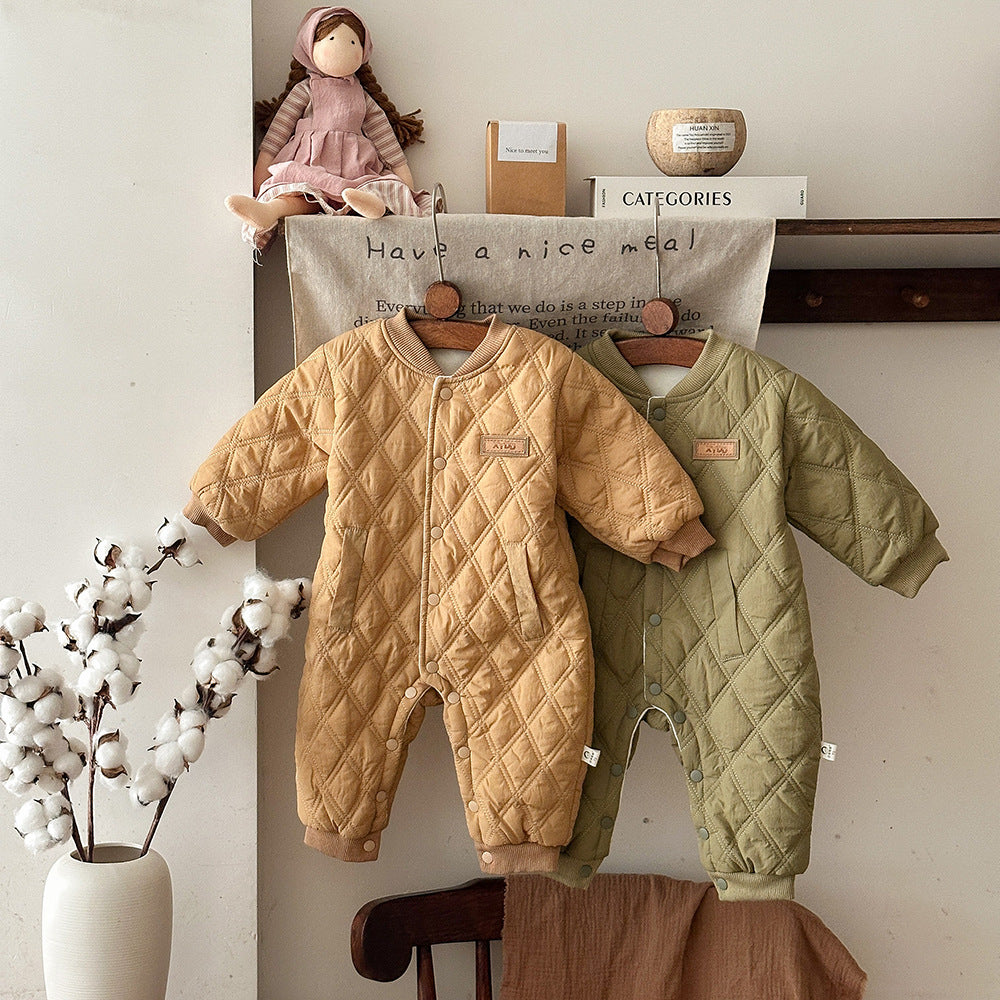 アウタージャンプスーツ ロンパース キルティング 中綿 厚手 ダイヤ柄 カバーオール【mh0011688】