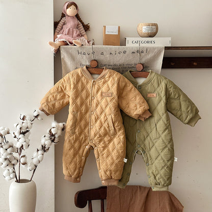 アウタージャンプスーツ ロンパース キルティング 中綿 厚手 ダイヤ柄 カバーオール【mh0011688】
