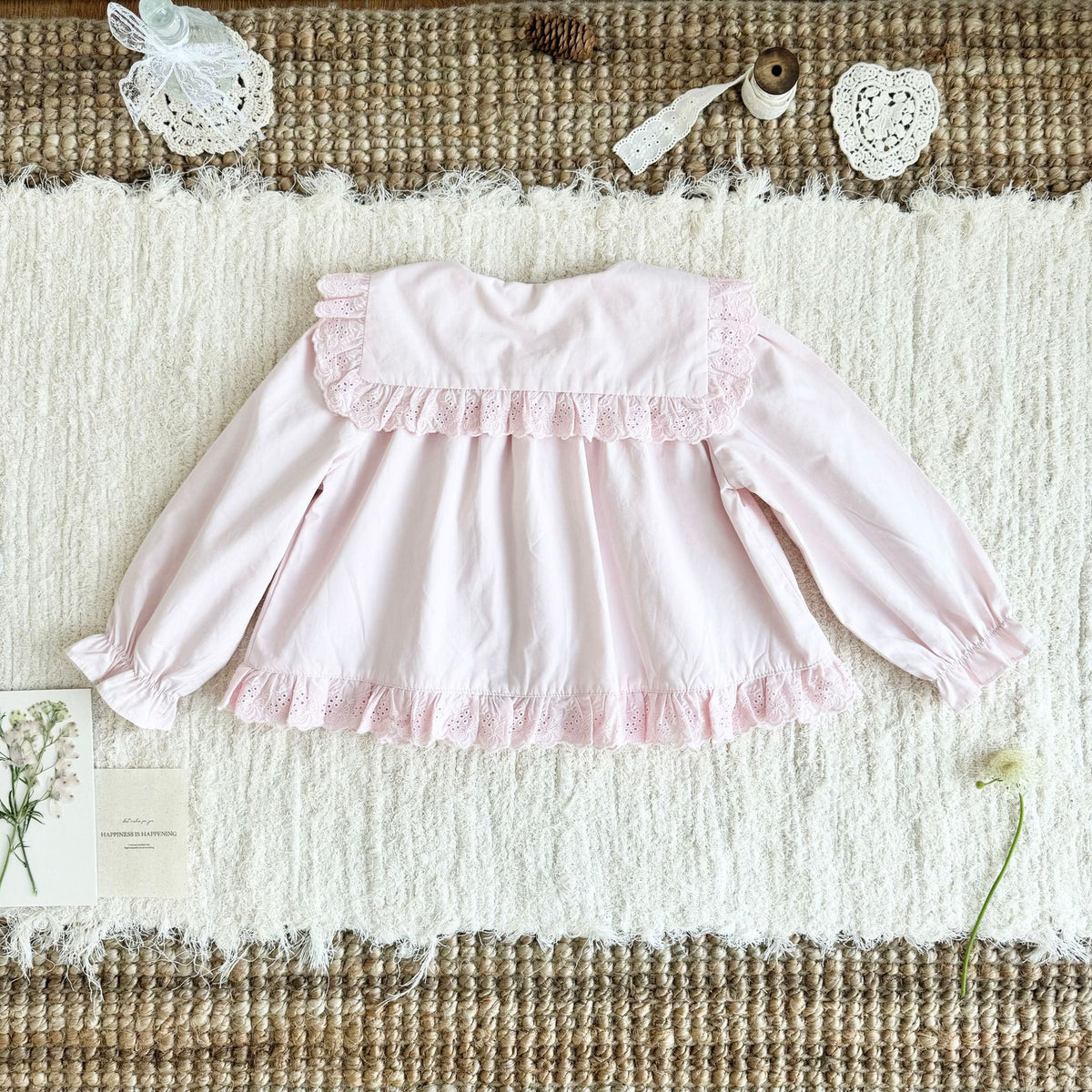 キッズ 刺繍 レース フリル 丸襟 長袖ブラウス【mh0014611】