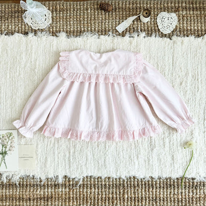 キッズ 刺繍 レース フリル 丸襟 長袖ブラウス【mh0014611】