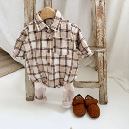長袖ロンパース チェック シャツ襟 ボディスーツ【mh0011633】