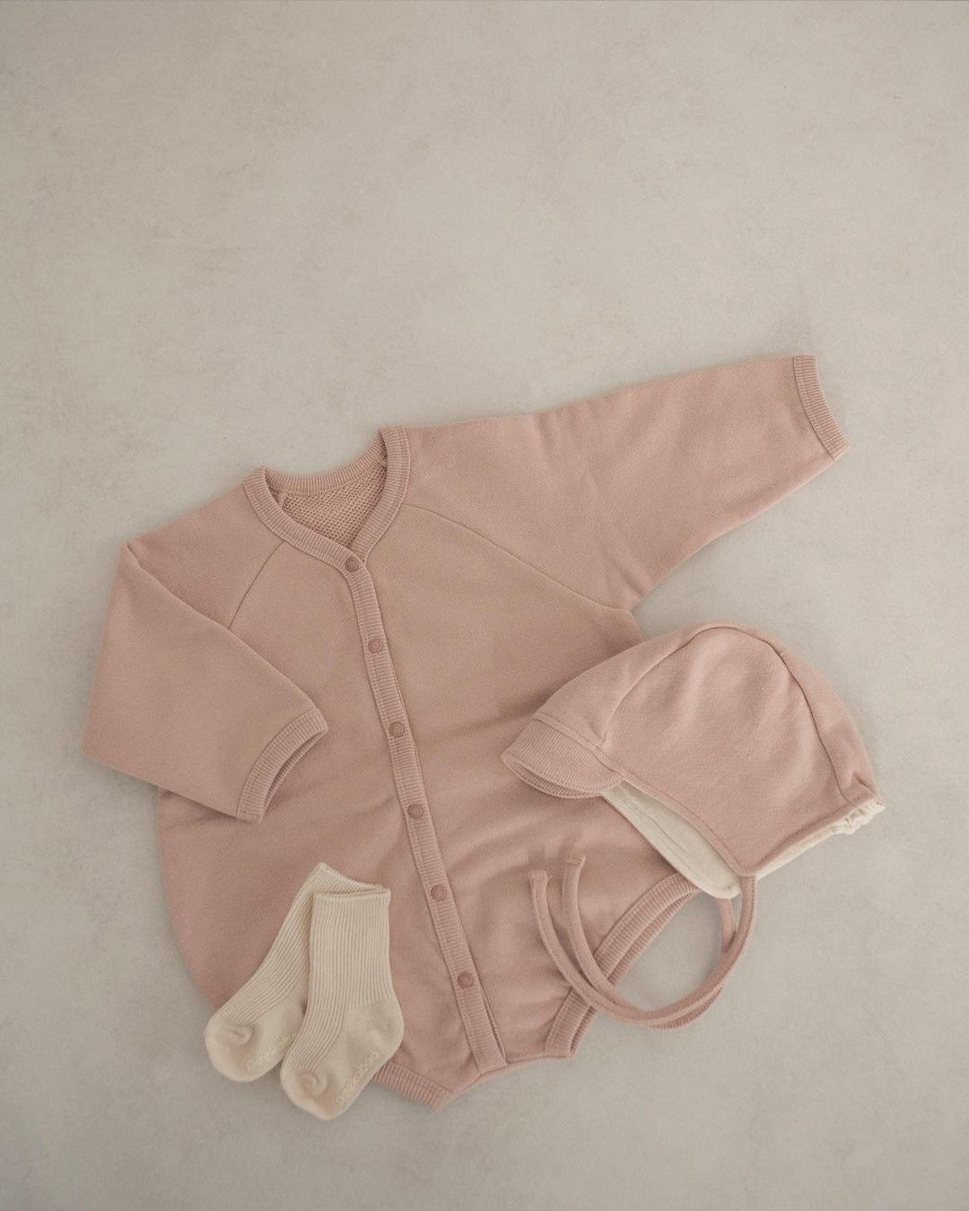 Waffle Knit Romper with Bonnet ワッフル 長袖 ロンパース ボンネット【mh0012676】