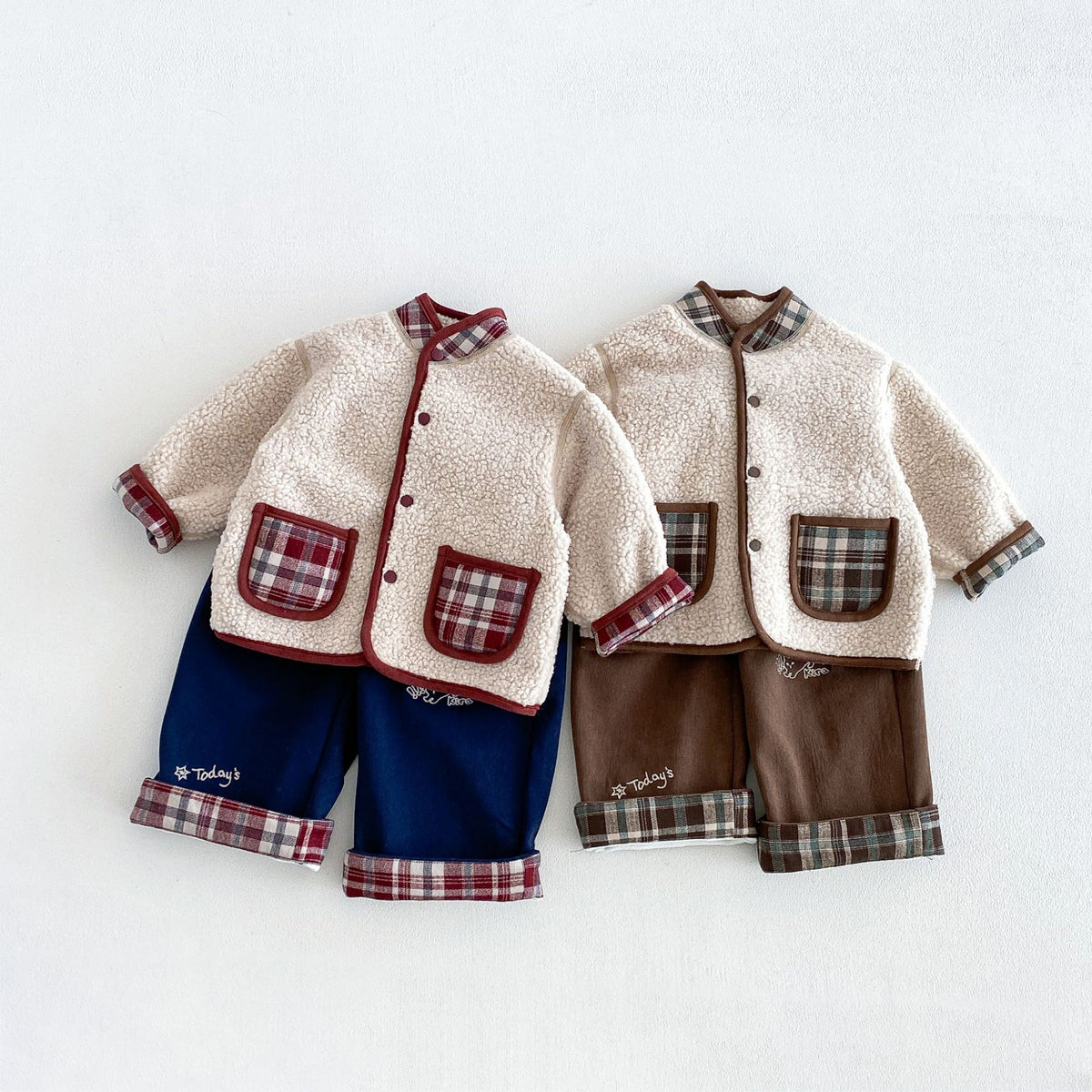キッズ チェック リバーシブル ボアジャケット / ロールアップ 刺繍 ストレート ロングパンツ【mh0014765】