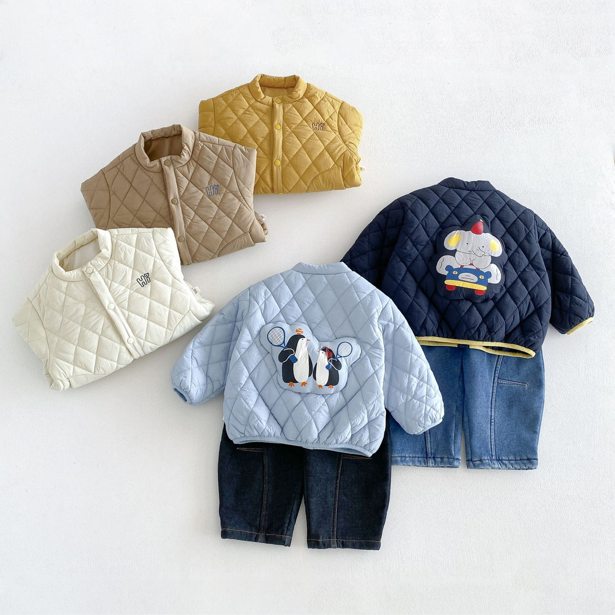 ベビー キッズ アニマル 刺繍 キルティング 中綿ジャケット / デニムパンツ【mh0014759】