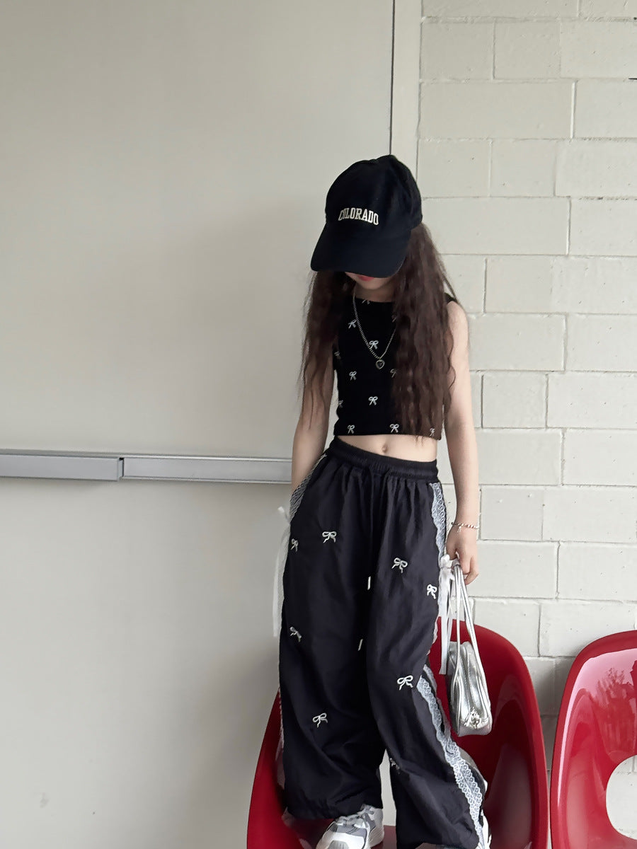 Ribbon Print Crop Top リボン ノースリーブTシャツ【mh0013064】