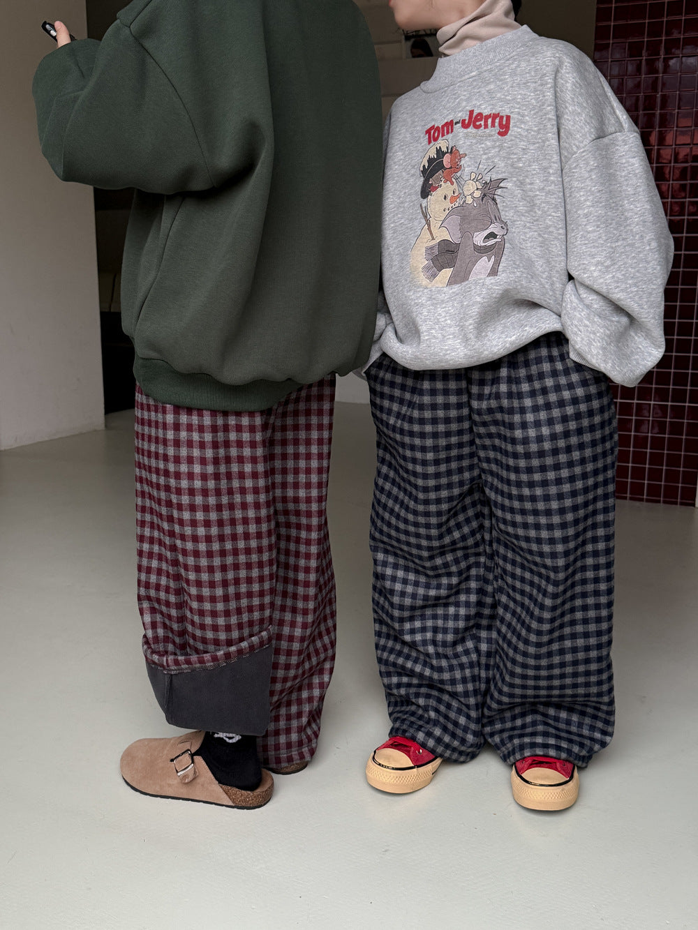 チェック柄パンツ キッズ 裏起毛 厚手 ゆったり ワイドストレート カジュアル【mh0011655】