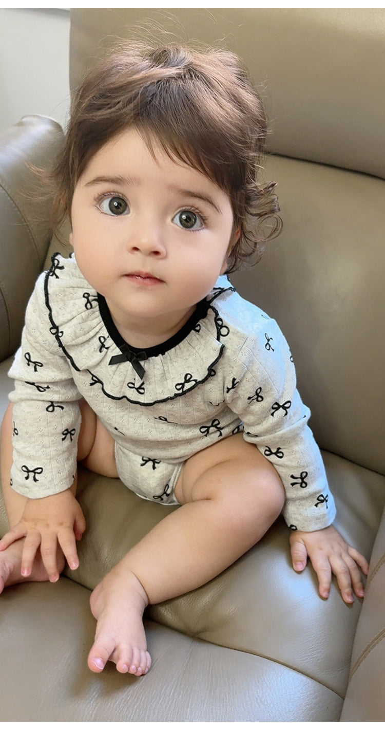 長袖ロンパース ラッフル襟 リボンプリント ボディスーツ【mh0011728】