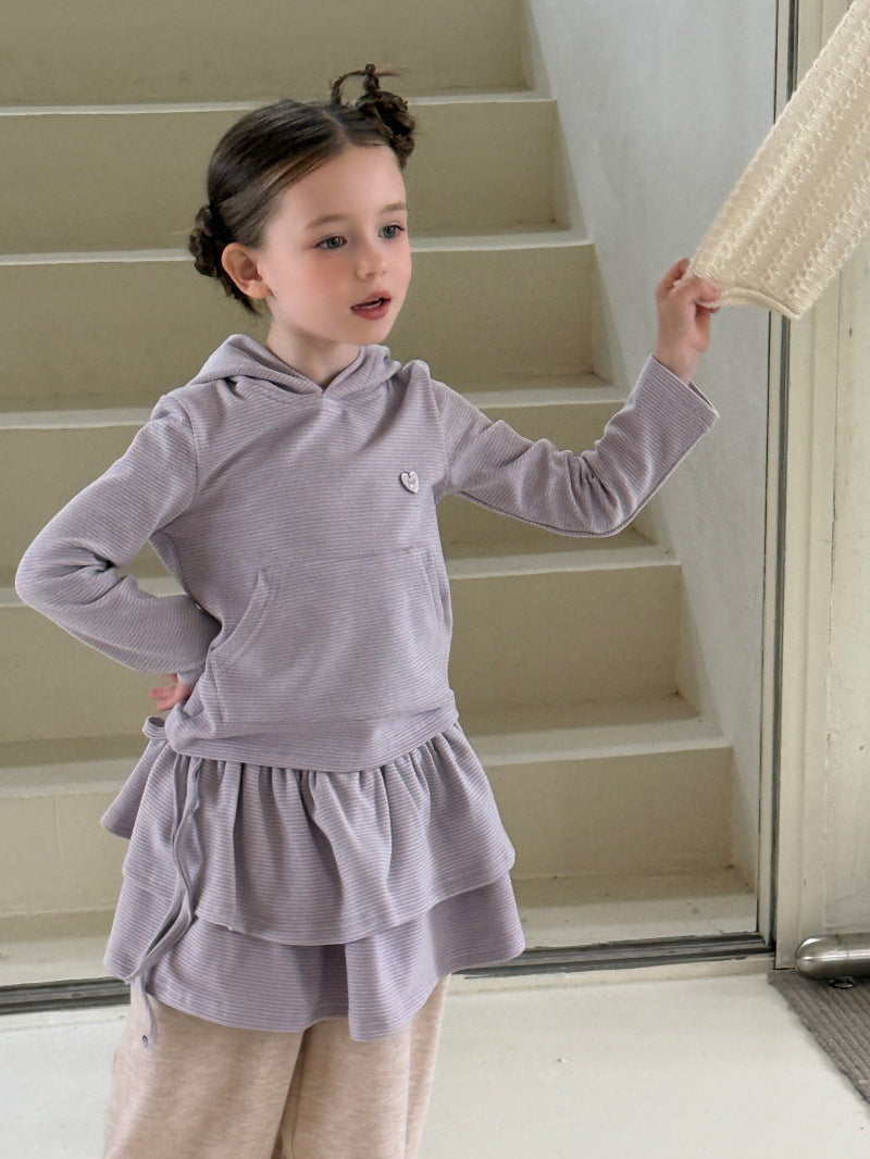 Kids' Bordered Hooded Long-Sleeved Parka and Ruffled Miniskirt Set [mh0014080]
