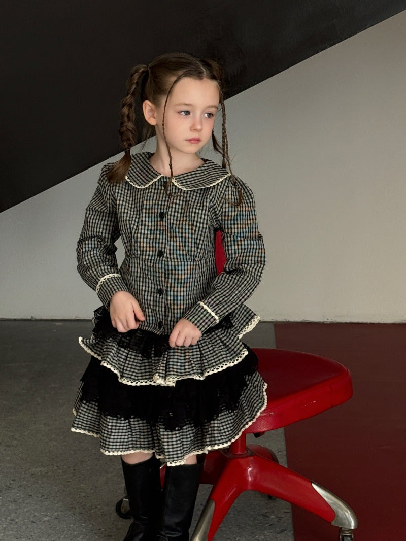 キッズ チェック柄 襟付き レースフリル 長袖シャツ ティアードスカート【mh0014110】