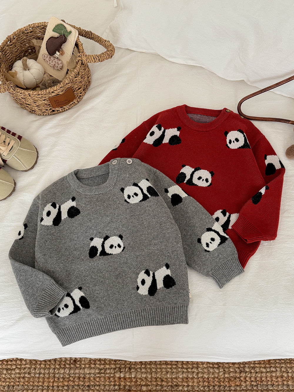 ニットセーター パンダ柄 厚手 クルーネック カジュアル トップス【mh0011691】