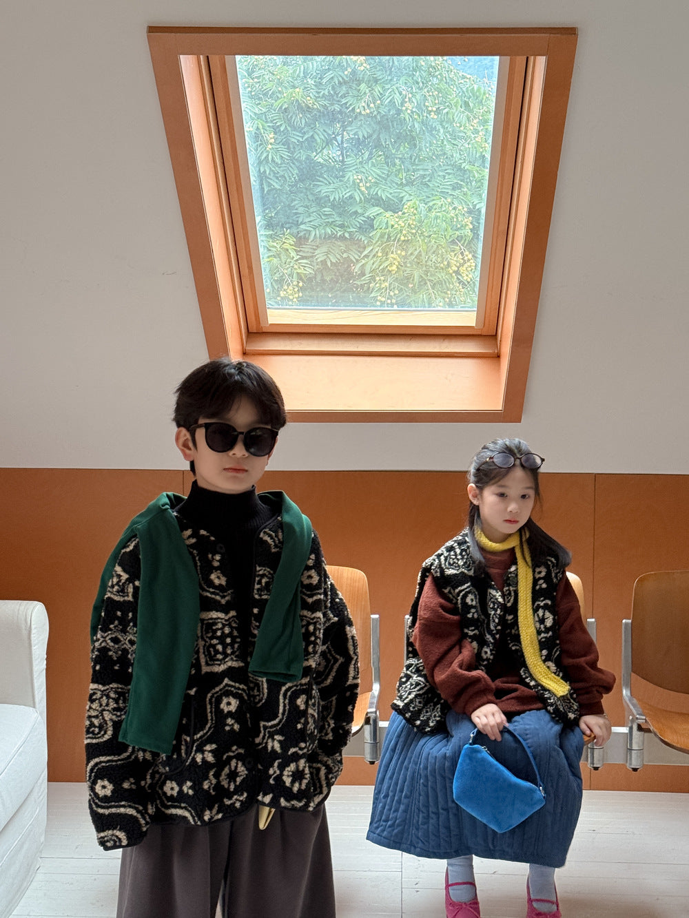 ボアジャケット キッズ 総柄 レトロ 厚手 ノーカラー もこもこ アウター【mh0011658】