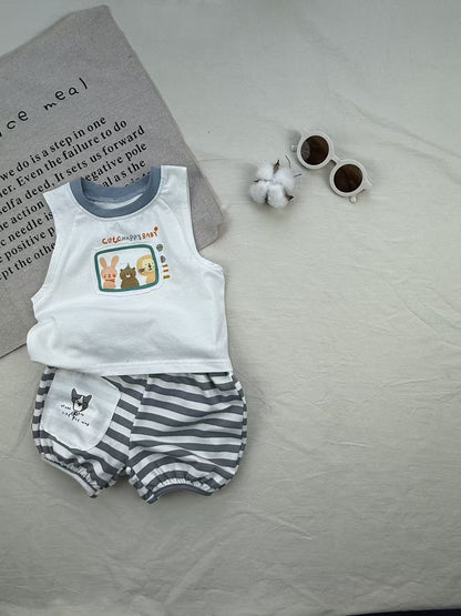 Retro Animal Stripe Tank Top Set ボーダー ノースリーブ ショートパンツ セット【mh0012910】