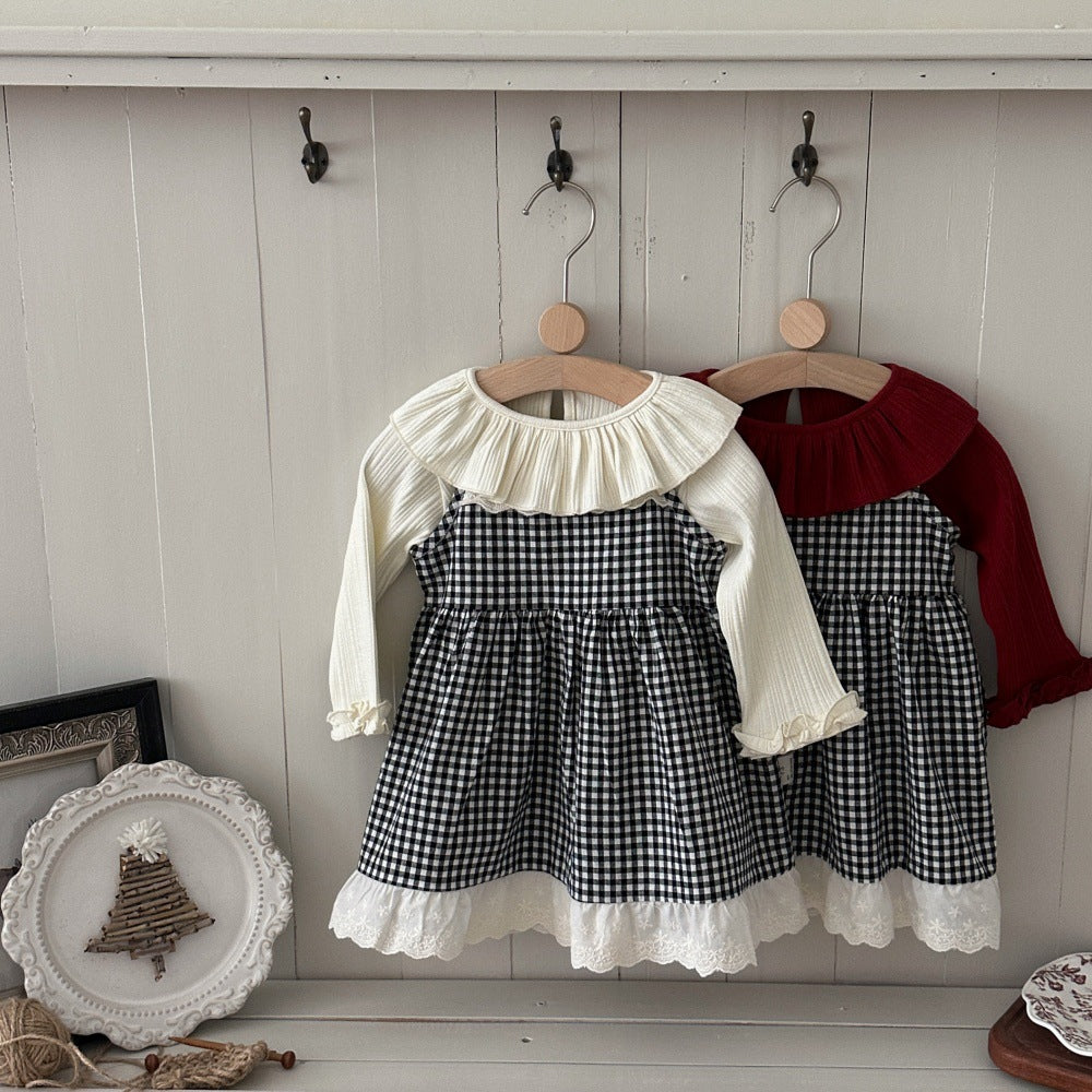 Vestido camisero de tirantes para bebé y niña con estampado de cuadros vichy, cuello con volantes, acabado en ondas y detalle de encaje, incluye camiseta de manga larga 【mh0014481】