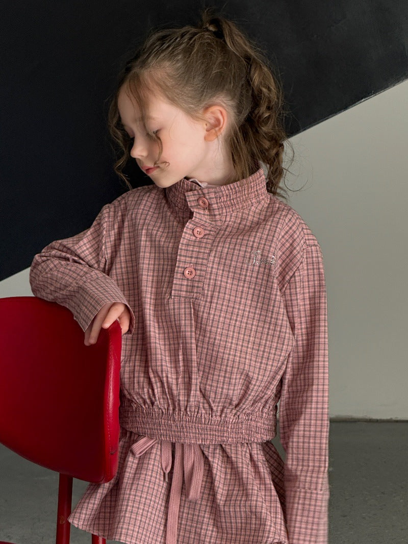 Kids' Plaid Stand-Collar Ruffled Long-Sleeve Shirt and Miniskirt Set [mh0014078]