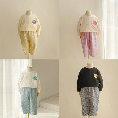 Smiley Long Sleeve Tee & Plaid Pants Set スマイル プリント チェック柄 セットアップ【mh0012672】