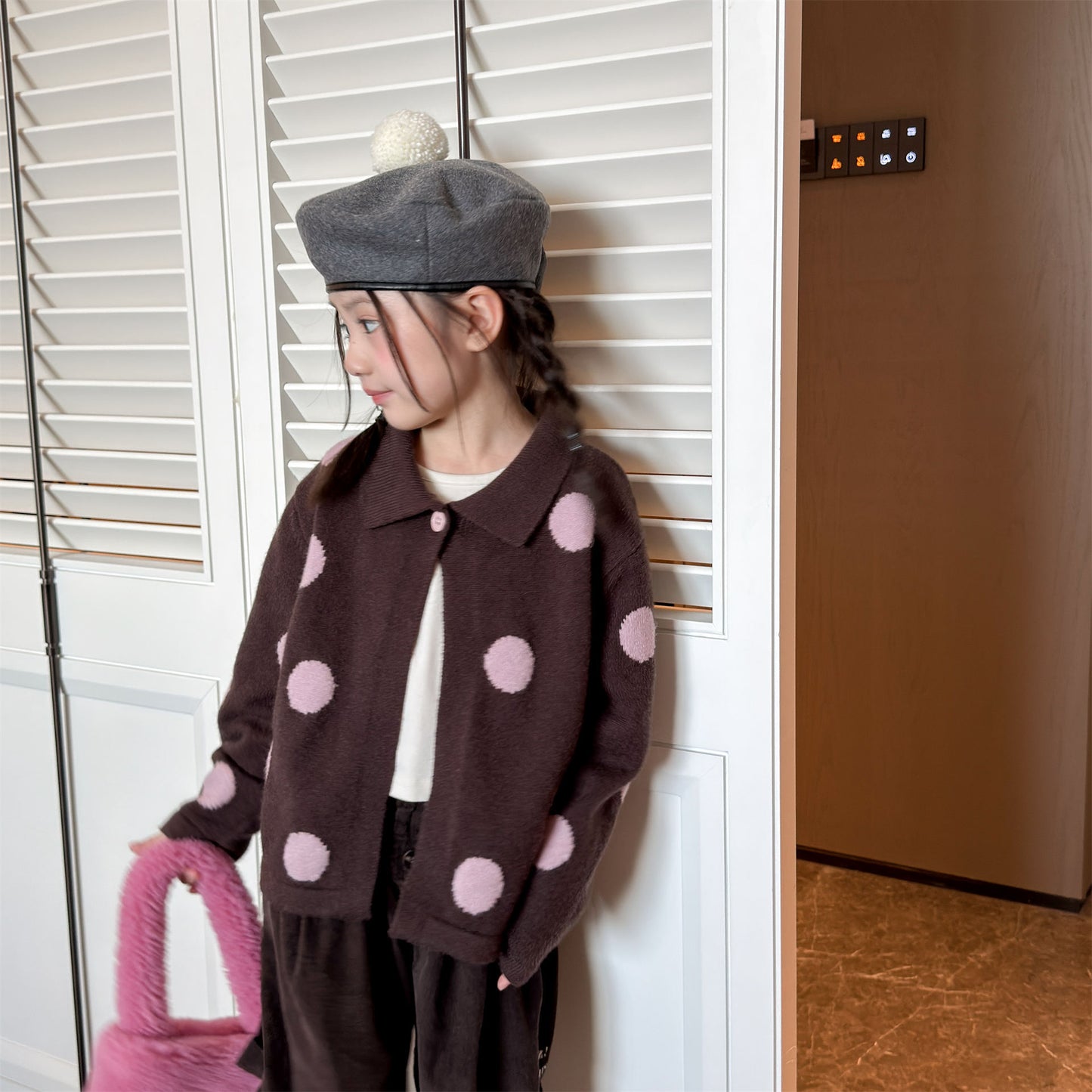 Kids' Polka Dot Collared Button-Up Long-Sleeve Knit Cardigan [mh0014056]