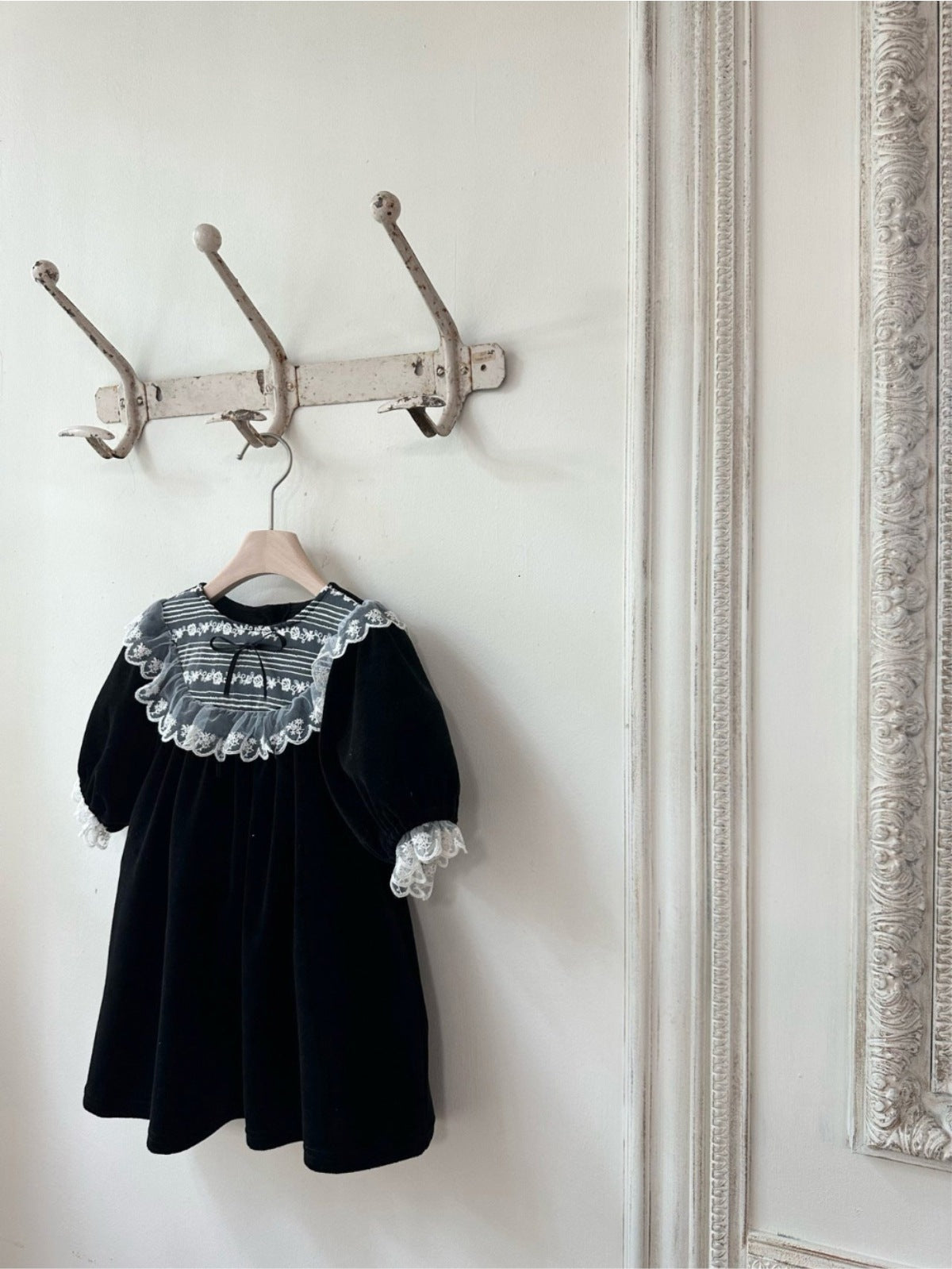 長袖ワンピース ベロア レースリボン パフスリーブ ドレス フォーマル【mh0011635】