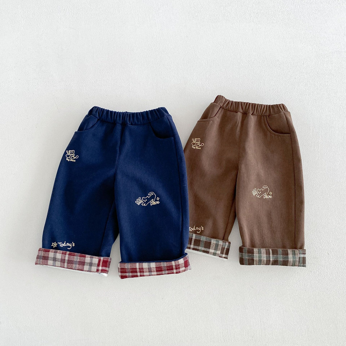 キッズ ロールアップ チェック 刺繍 裏起毛 ストレート ロングパンツ【mh0014767】