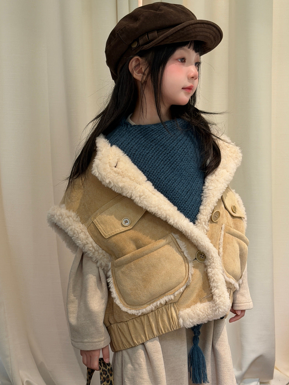 Chaleco exterior de ante sintético con forro polar para niños y jóvenes【mh0014689】