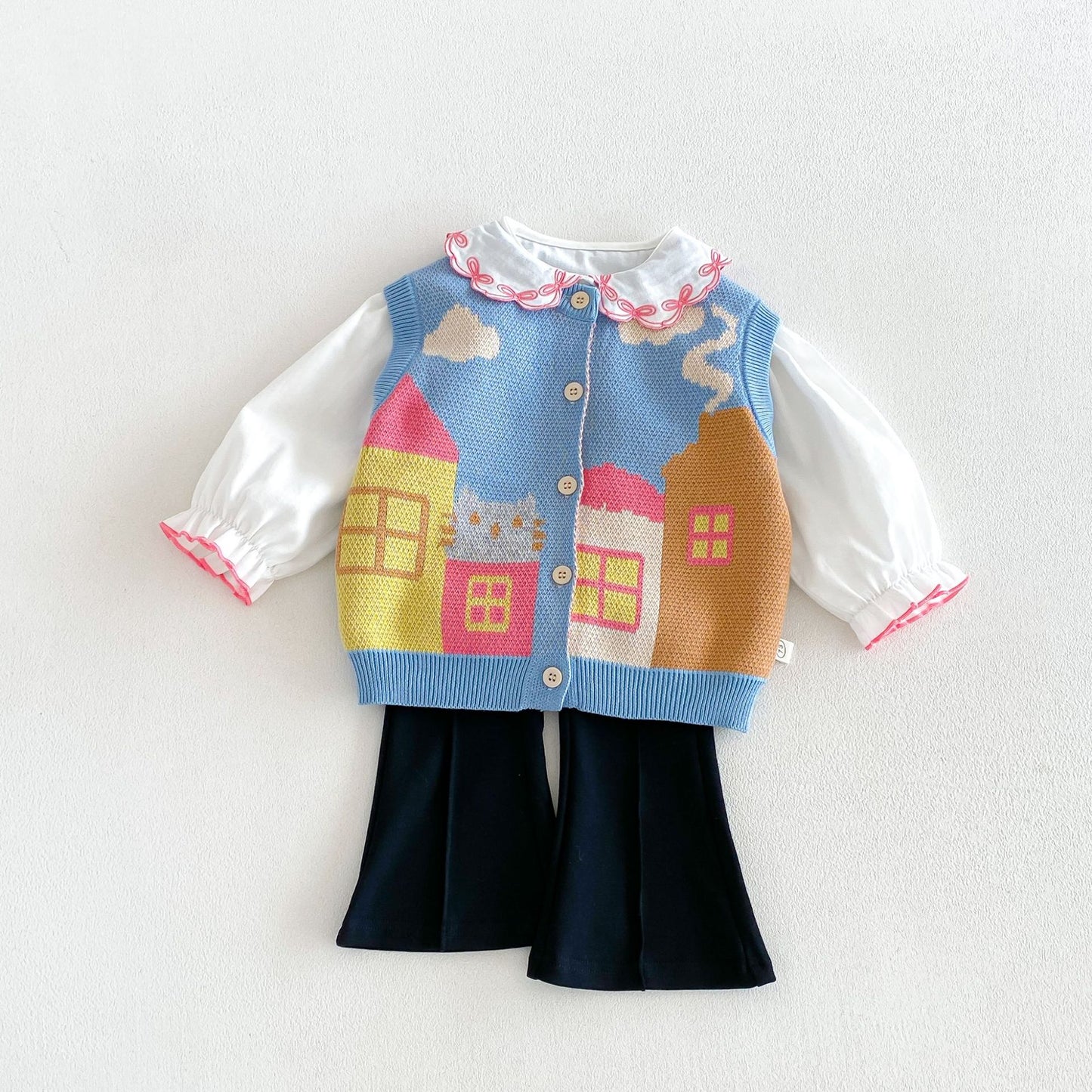 Chaleco de punto jacquard con motivo de casa para niños, cuello con volantes, blusa de manga larga y pantalones acampanados【mh0014046】