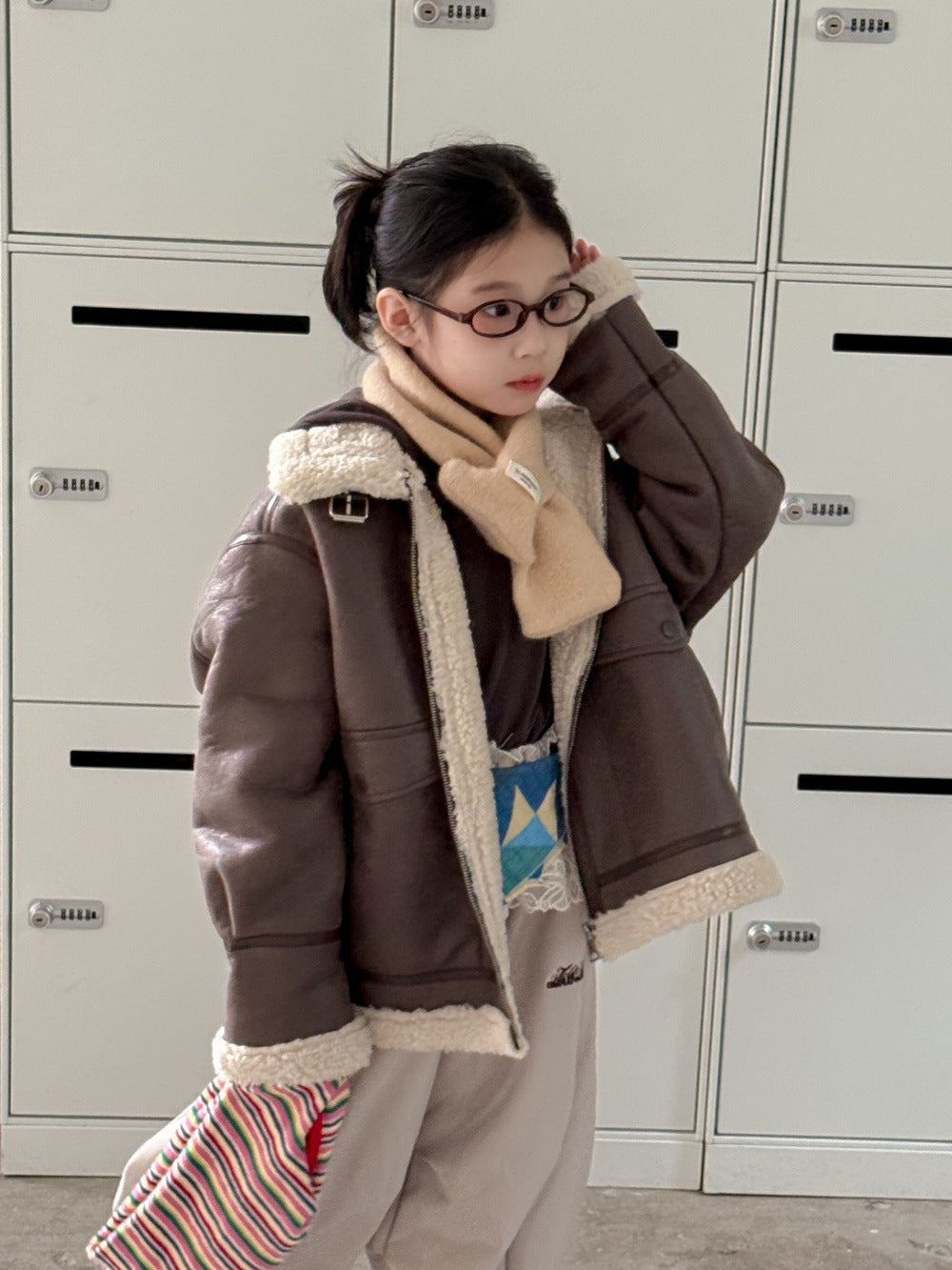 フェイクムートンジャケット キッズ ボア 厚手 ラペル フェイクレザー アウター【mh0011677】