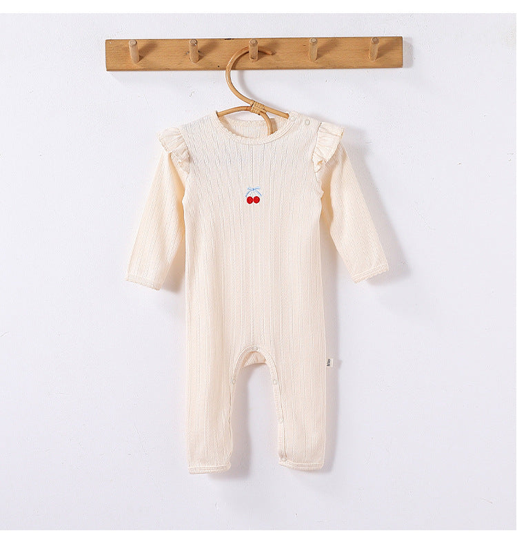 長袖ロンパース コットン フリル 刺繍 リブ カバーオール【mh0011699】