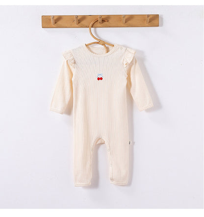 長袖ロンパース コットン フリル 刺繍 リブ カバーオール【mh0011699】