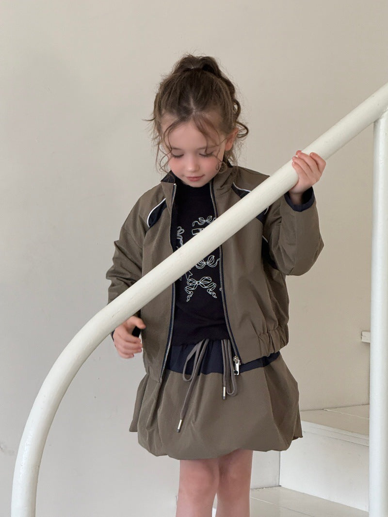 Kids' Colorblock Stand-Collar Long-Sleeve Jacket & Mini Skirt Set [mh0014079]