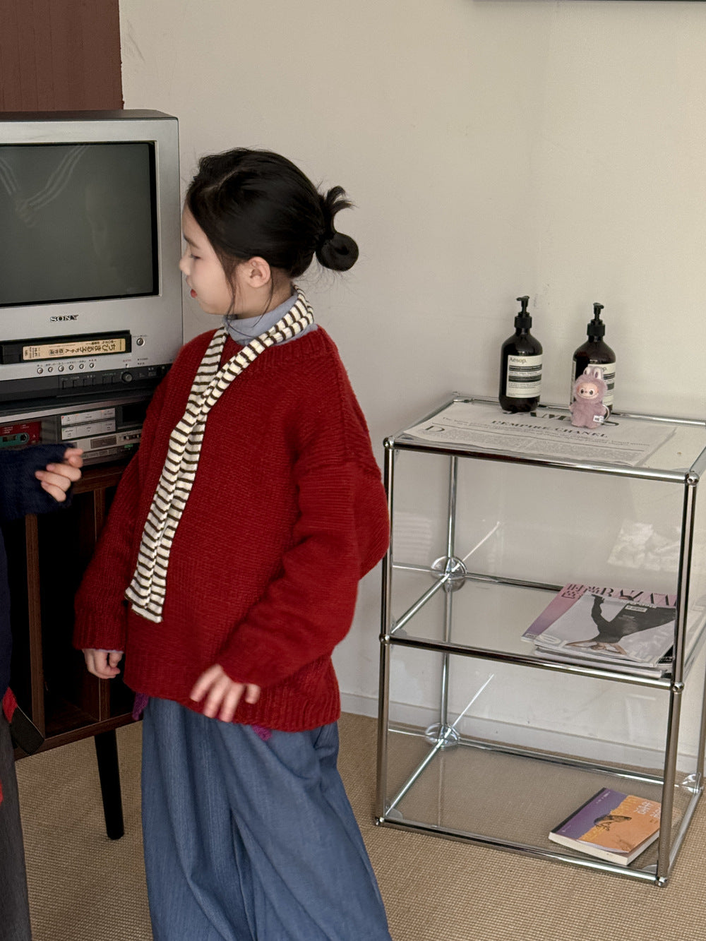 ニットセーター キッズ 裏起毛 厚手 クルーネック 無地 ルーズフィット プルオーバー【mh0011674】